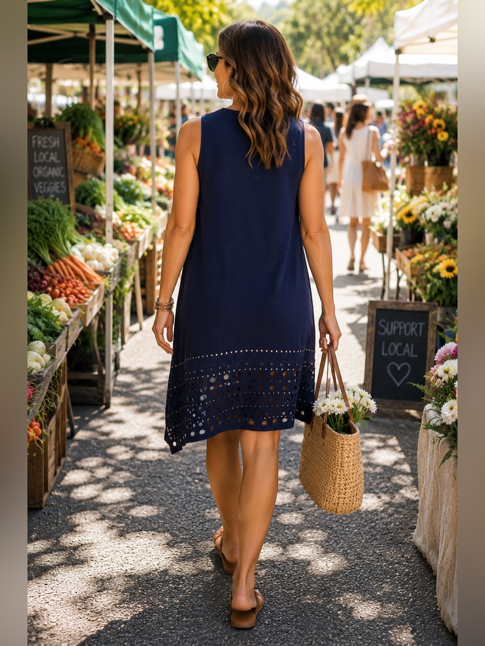 NEON BUDDHA Heartbeat Navy Studded Eyelet Asymmetrical Shift Dress L Lagenlook - Picture 3 of 16
